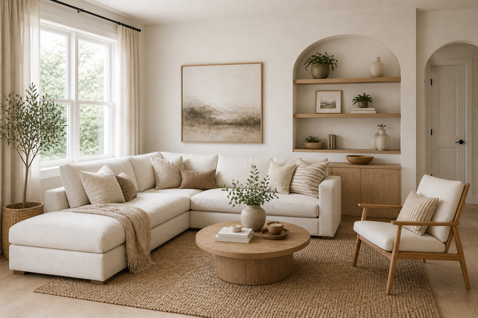 Decluttered neutral living room in a Central Texas home showing clean, simple staging that helps buyers focus on space and layout