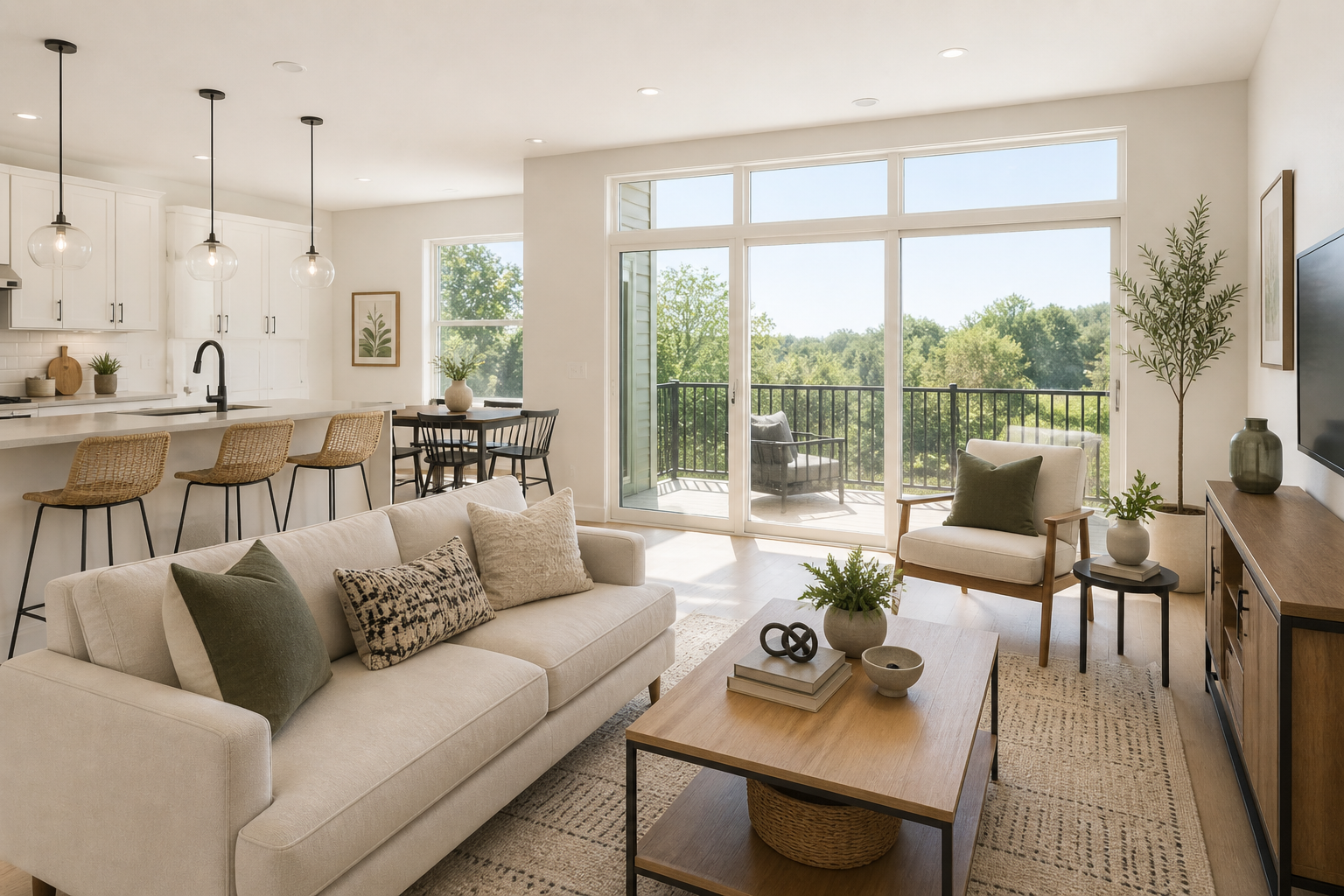Bright open concept living room and kitchen in a Central Texas home with natural light, clean layout, and simple staging that appeals to buyers