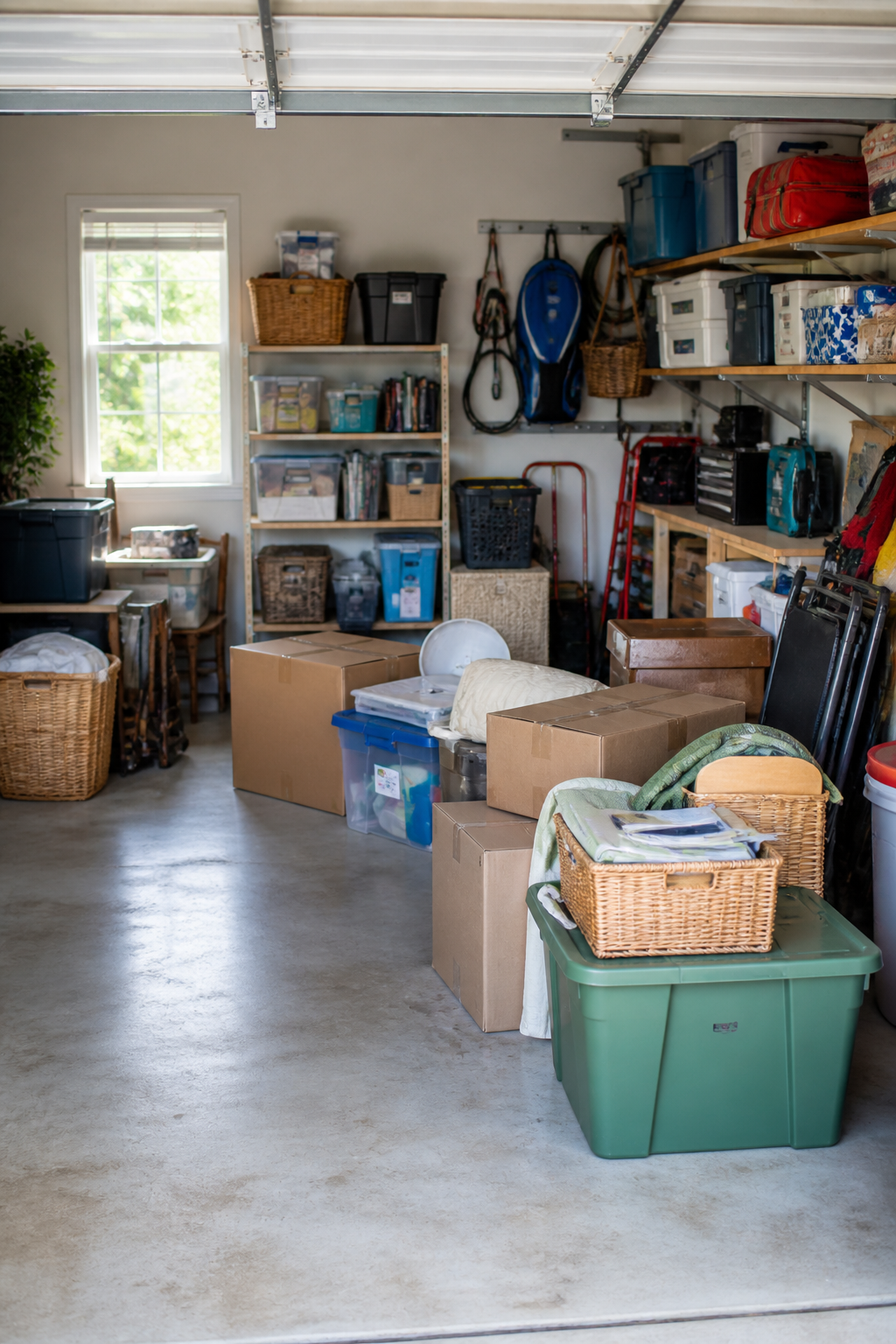 Organized garage in a Central Texas home with storage bins and boxes showing early stages of downsizing and decluttering Organized garage in a Central Texas home with storage bins and boxes showing early stages of downsizing and decluttering