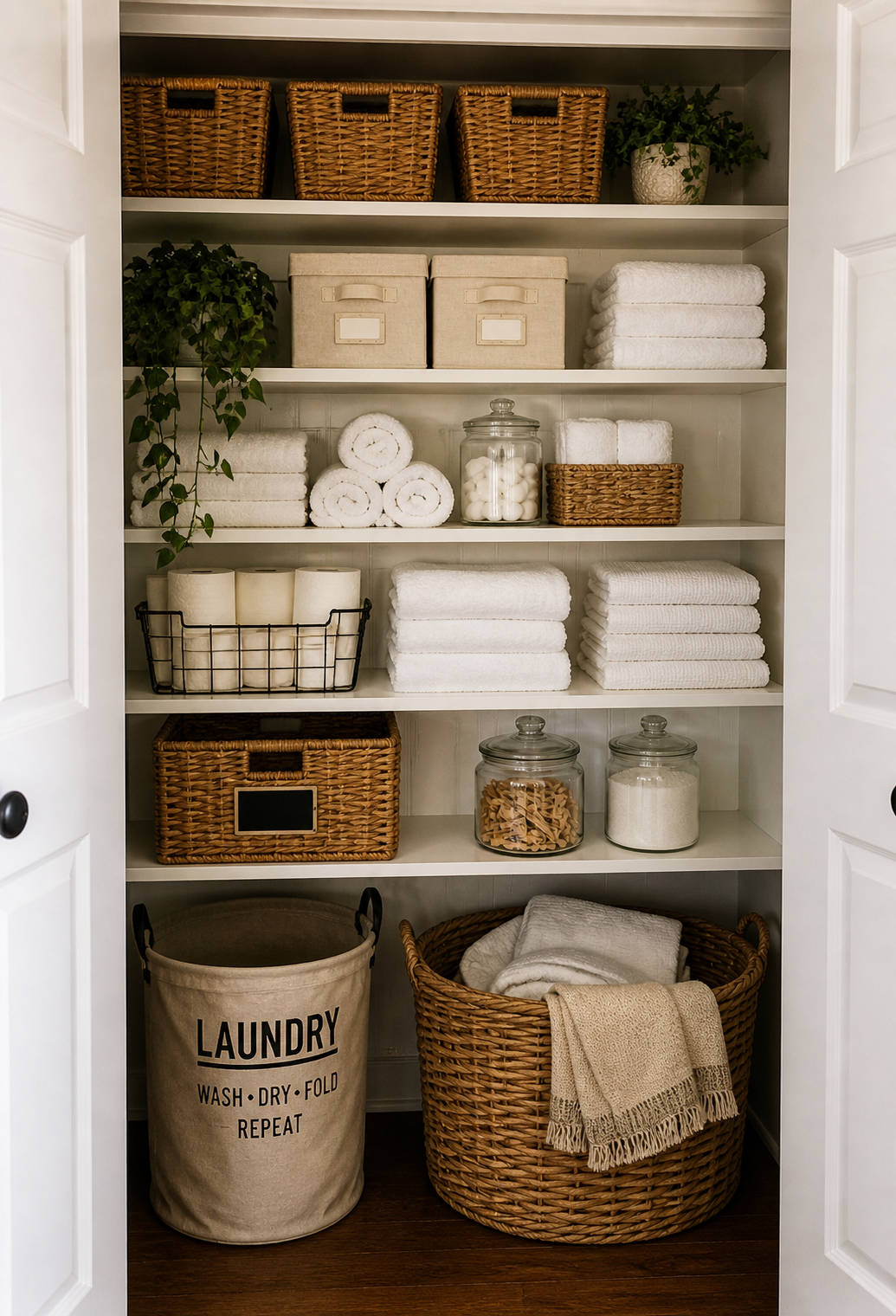 Organized linen closet in a Central Texas home with neatly folded towels and storage baskets showing simplified downsizing and decluttering Organized linen closet in a Central Texas home with neatly folded towels and storage baskets showing simplified downsizing and decluttering