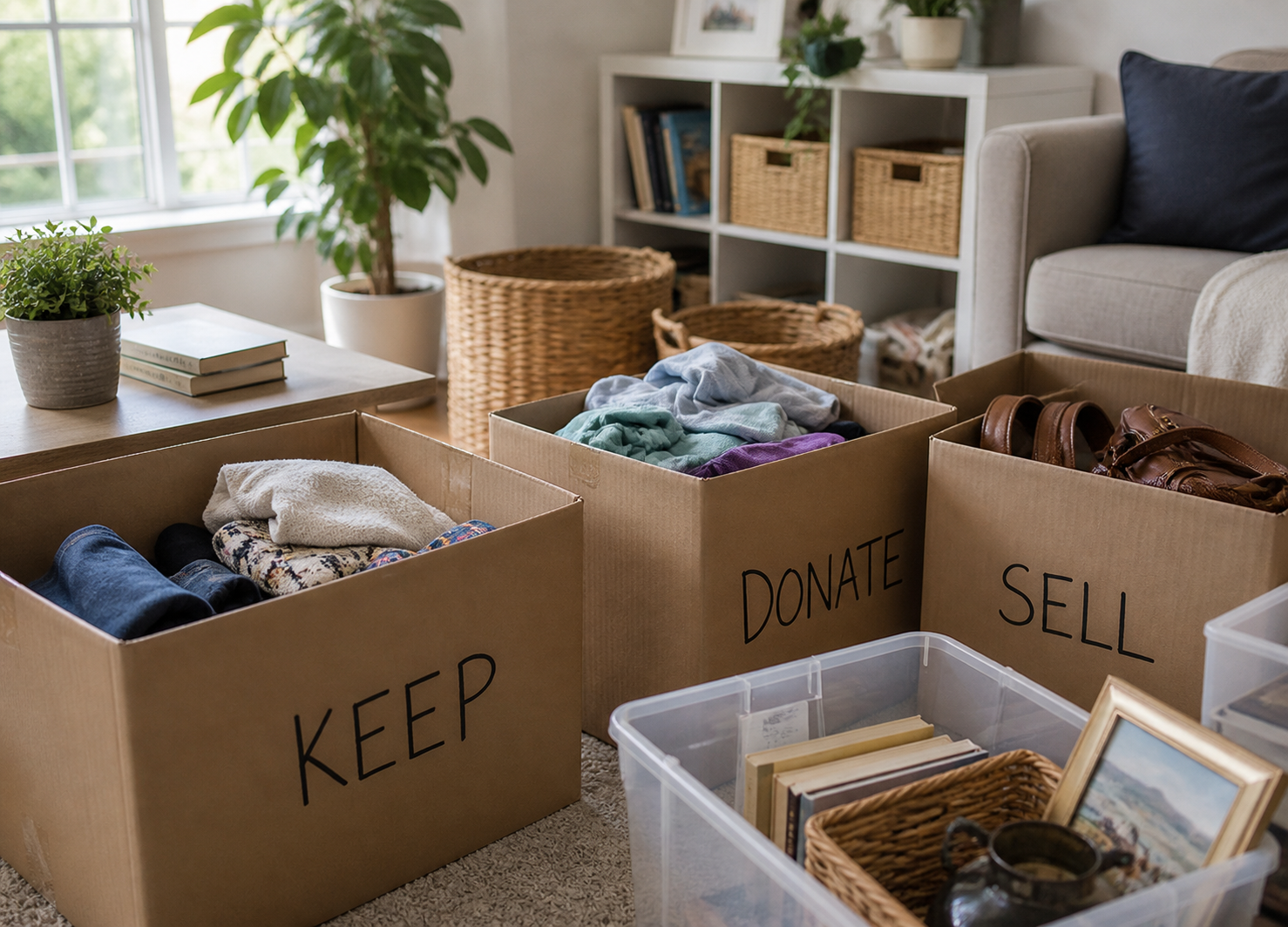 Boxes labeled keep, donate, and sell in a Central Texas home showing how to start downsizing and sorting belongings Boxes labeled keep, donate, and sell in a Central Texas home showing how to start downsizing and sorting belongings