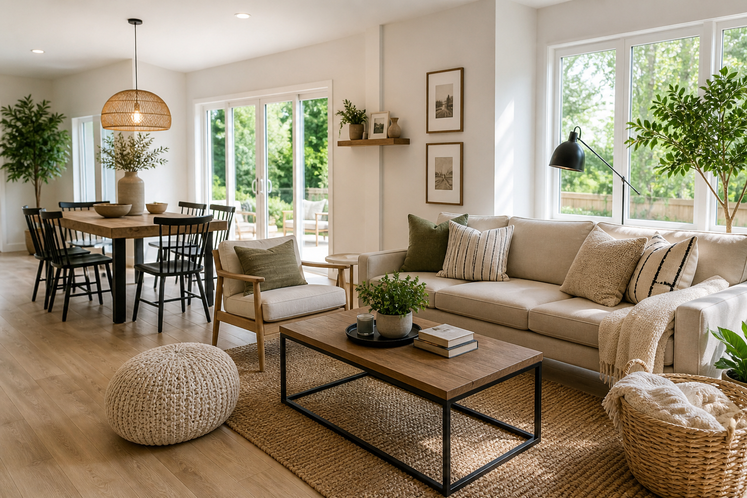 Bright open-concept living and dining area in a Central Texas home showing clean, decluttered space ideal for downsizing and selling Bright open-concept living and dining area in a Central Texas home showing clean, decluttered space ideal for downsizing and selling