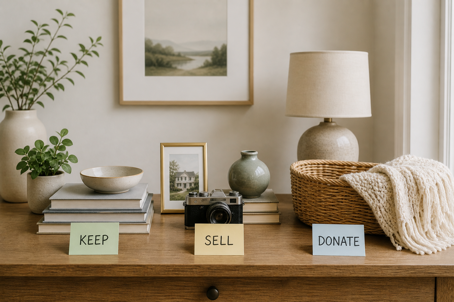 Minimalist home items arranged in a Central Texas space representing decisions during downsizing without clutter or labels Minimalist home items arranged in a Central Texas space representing decisions during downsizing without clutter or labels