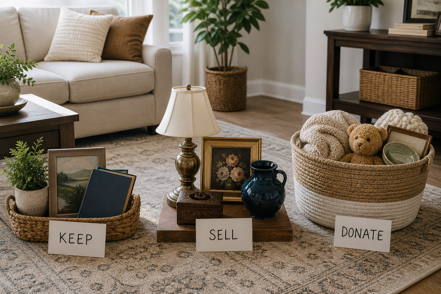 Cozy living room scene showing organized items grouped for keep, sell, and donate during downsizing Cozy living room scene showing organized items grouped for keep, sell, and donate during downsizing