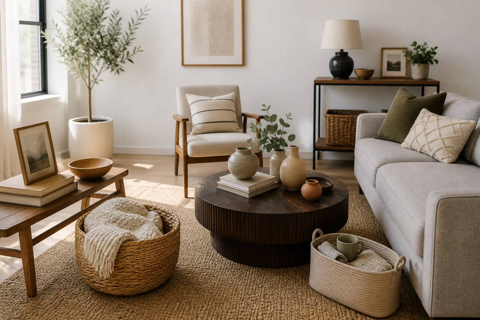 Bright minimalist living room in a Central Texas home showing clean, decluttered space after downsizing Bright minimalist living room in a Central Texas home showing clean, decluttered space after downsizing