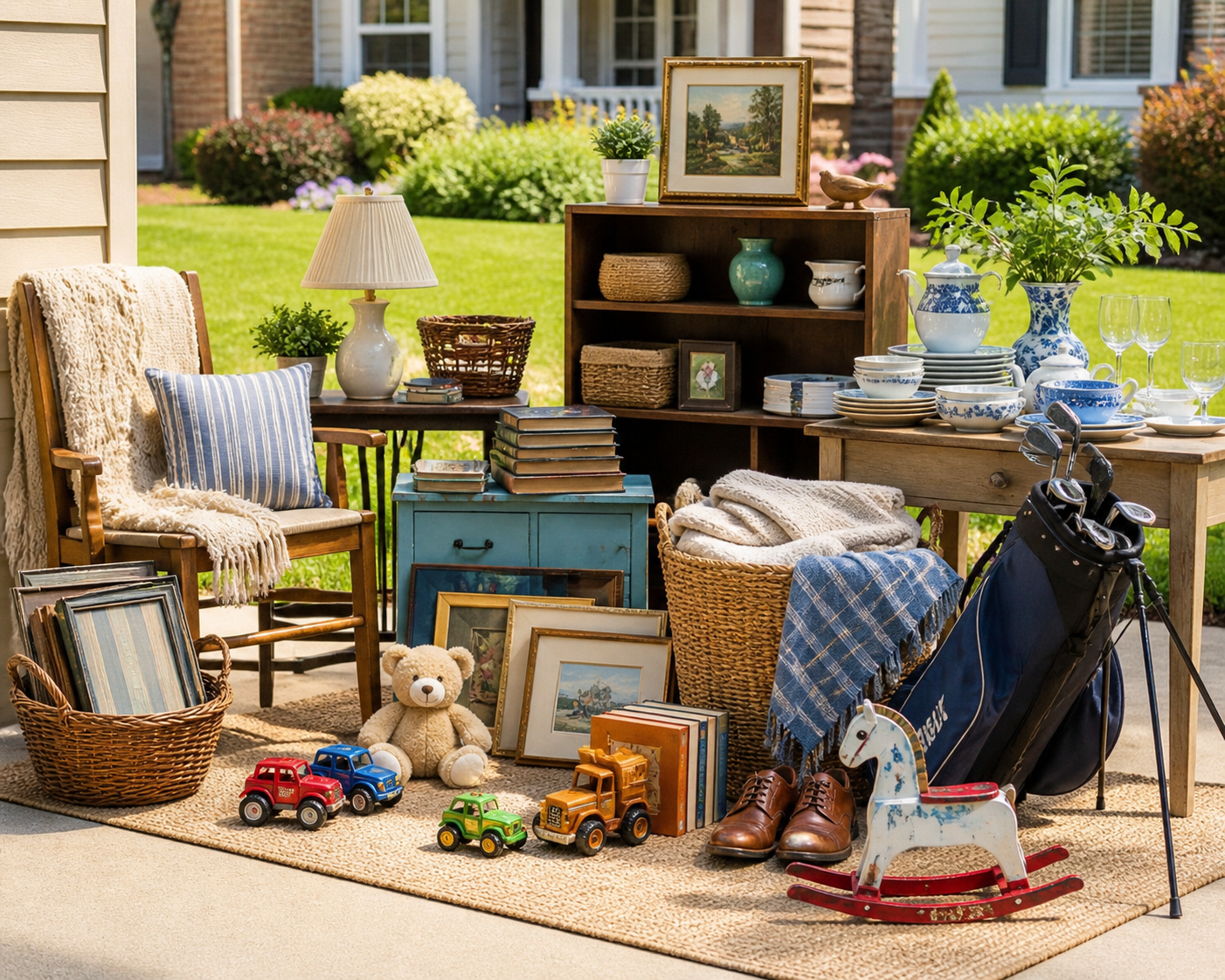 Outdoor home items display in a Central Texas yard showing furniture, decor, and belongings arranged for downsizing or sale Outdoor home items display in a Central Texas yard showing furniture, decor, and belongings arranged for downsizing or sale