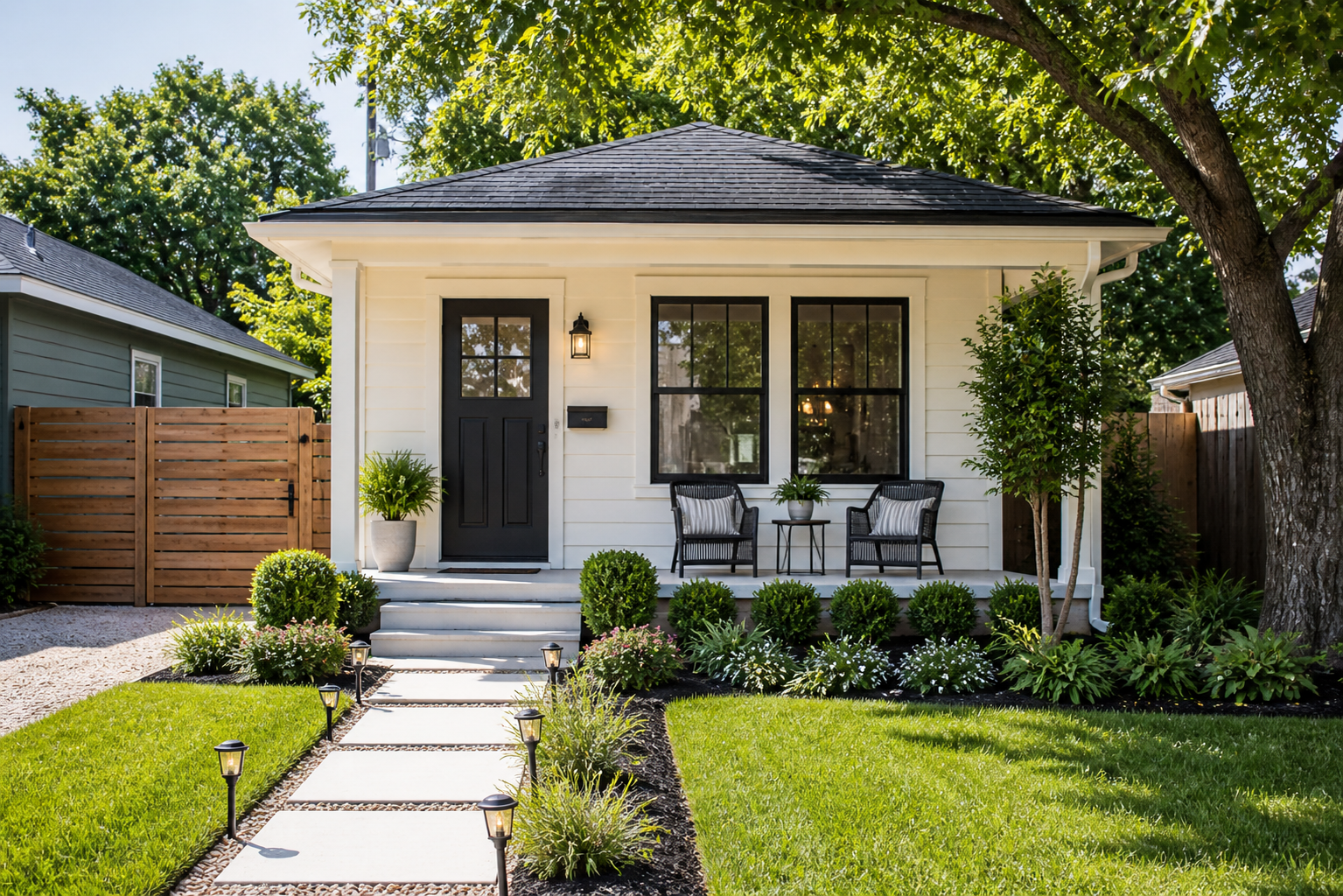 small home with clean landscaping in Central Texas showing curb appeal for downsizing and selling