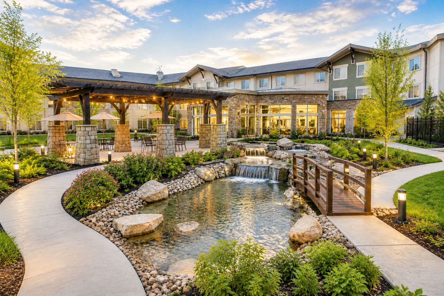 bright Central Texas lifestyle community with pond walking paths and outdoor seating for downsizing living