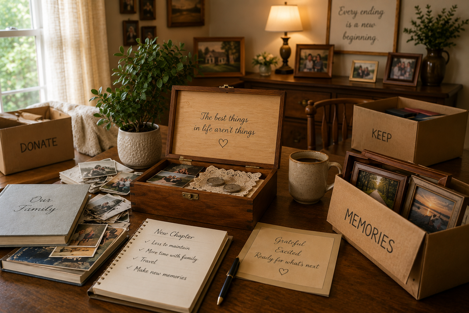 Keepsake memory box and organized belongings during a Central Texas downsizing transition.