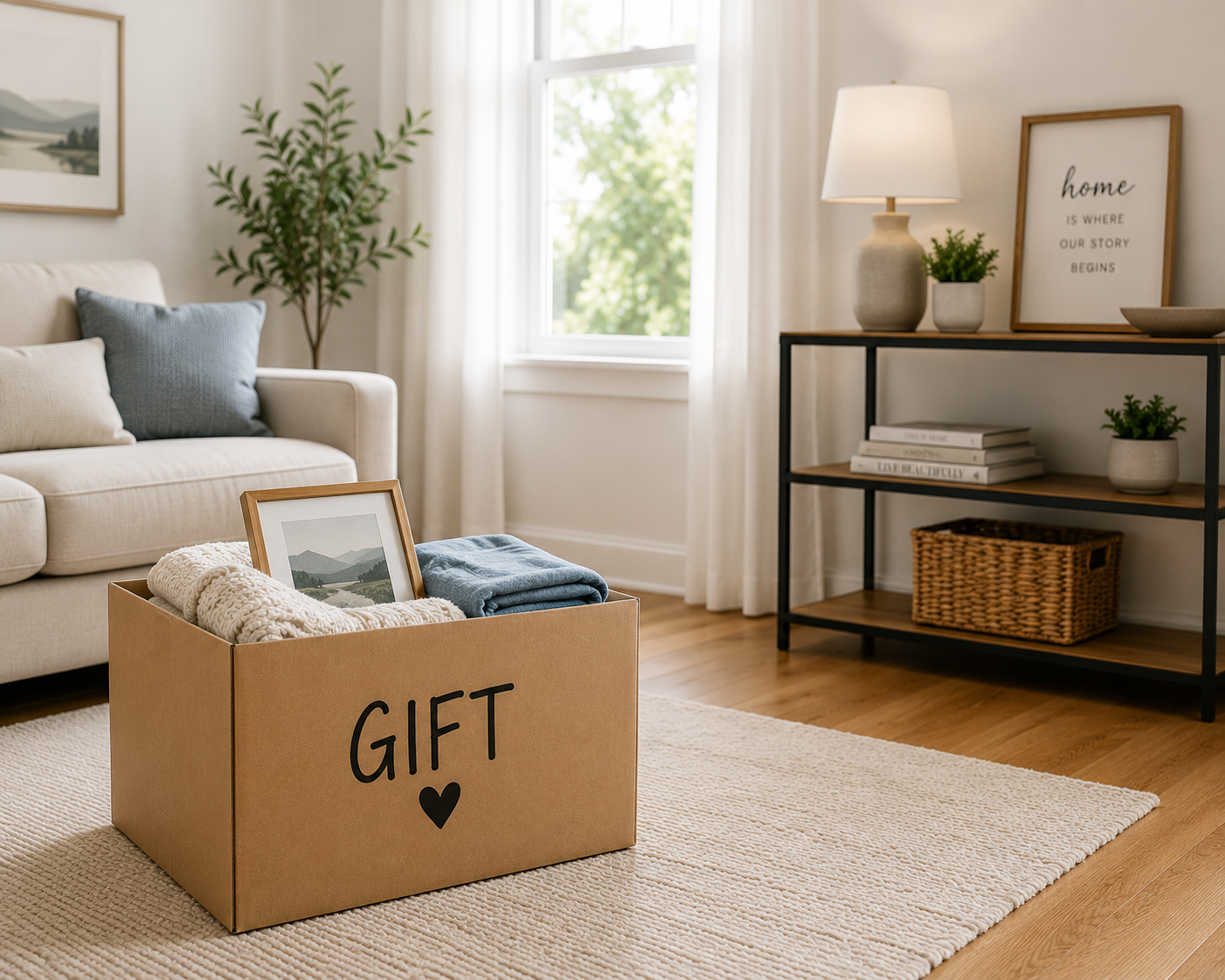 Clean decluttered room with gift box for downsizing and simplifying a Central Texas home