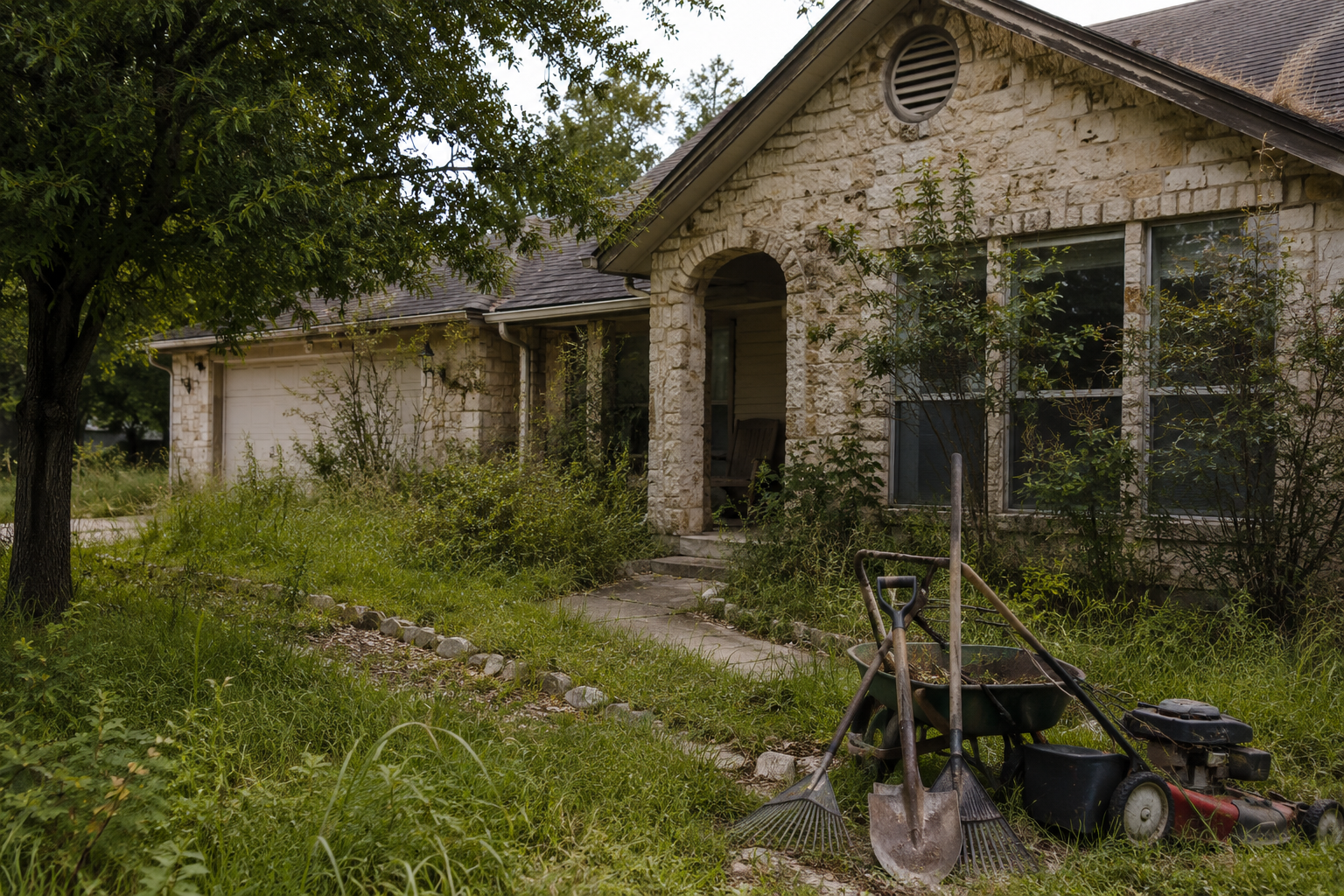 Older Central Texas home with overgrown yard and unused maintenance tools showing homeowner overwhelm