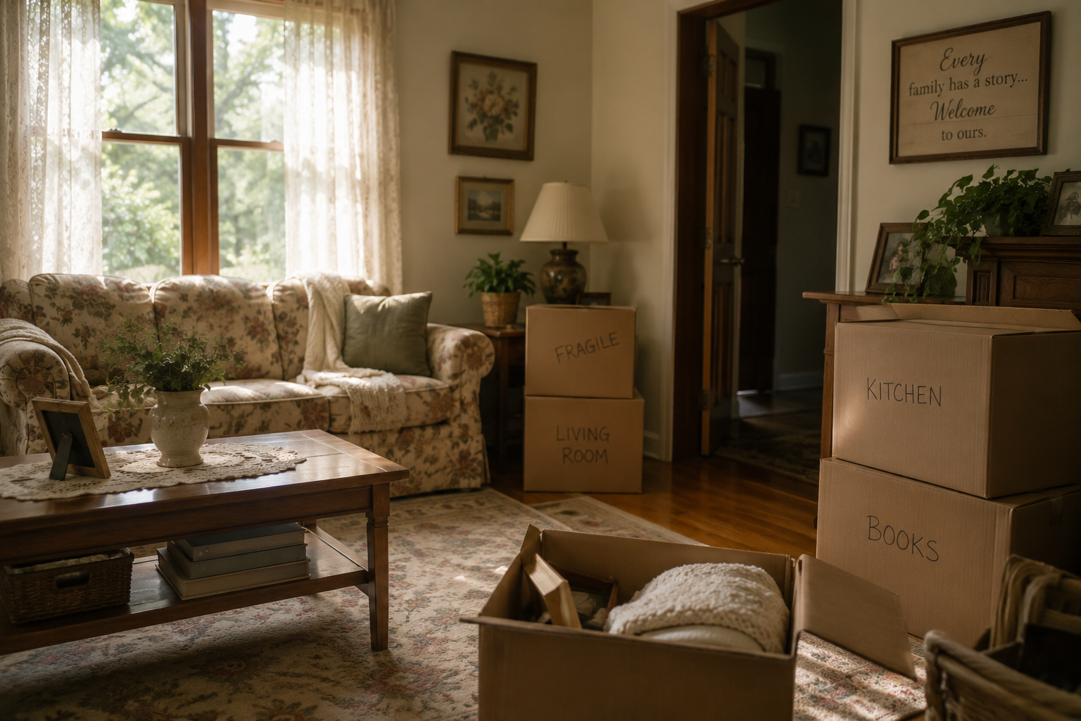 Quiet longtime living room with moving boxes and soft natural light during downsizing transition