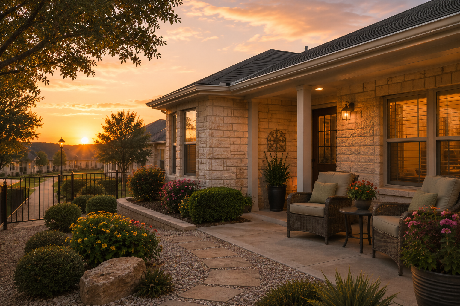 Peaceful low-maintenance patio home at sunset in a Central Texas community with relaxing atmosphere