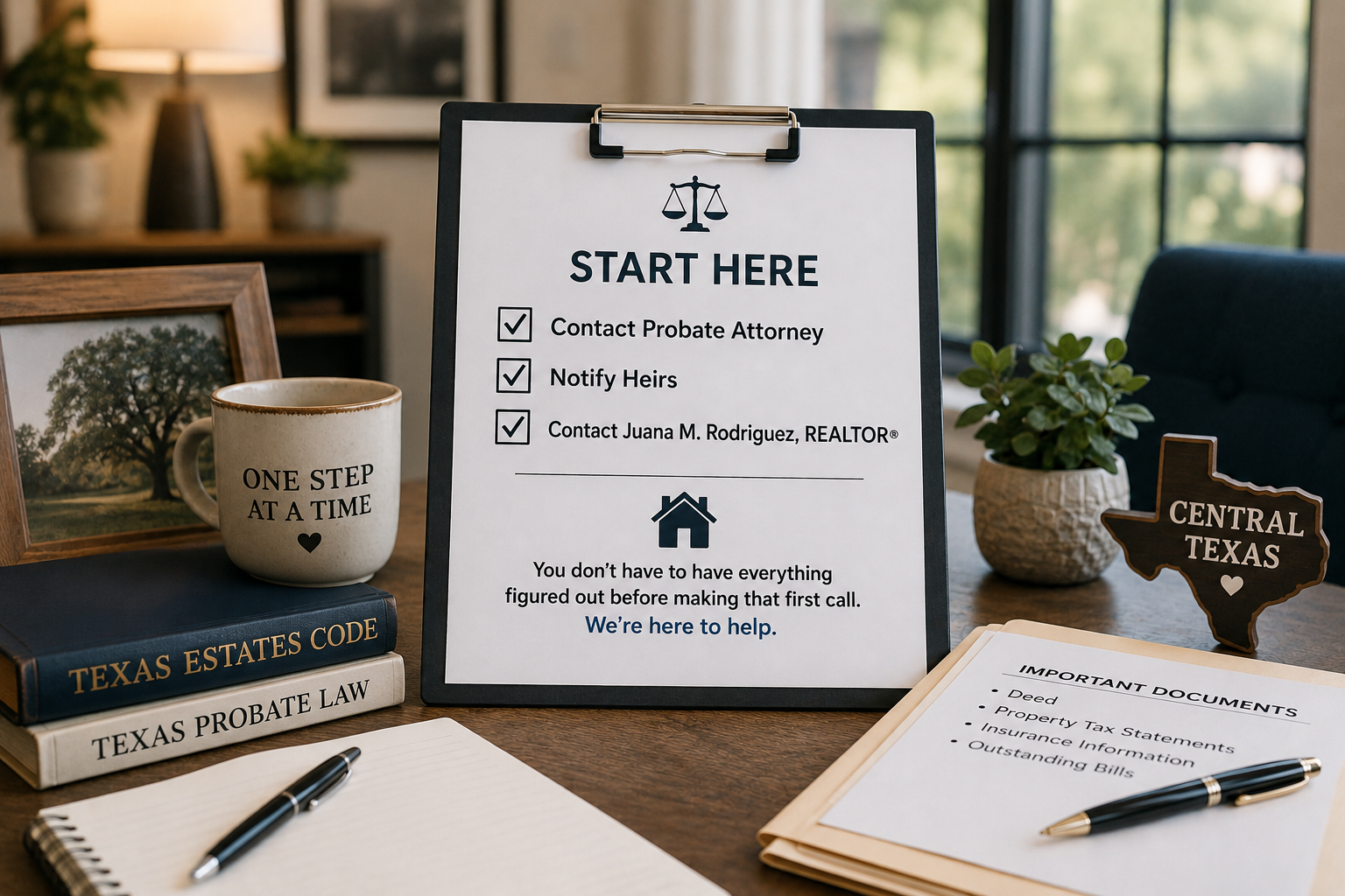A Central Texas probate planning image showing a "Start Here" checklist with steps for families who have inherited a home without a will. The image highlights contacting a probate attorney, notifying heirs, and reaching out to Juana M. Rodriguez, REALTOR®, for guidance through the probate home sale process in Williamson County and Bell County.