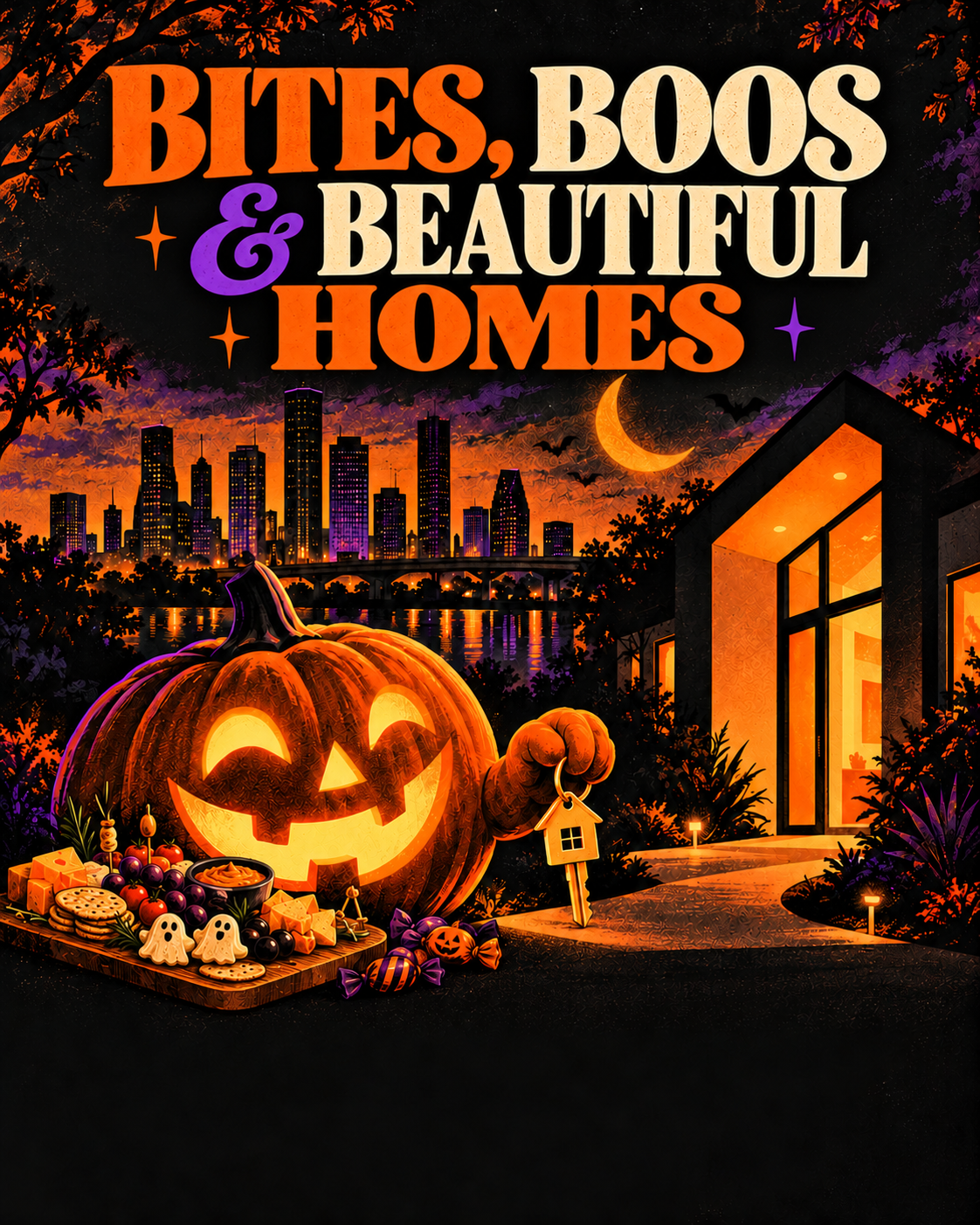 Bites Boos and Beautiful Homes Halloween illustration with a smiling pumpkin, a house key and a Houston-inspired skyline