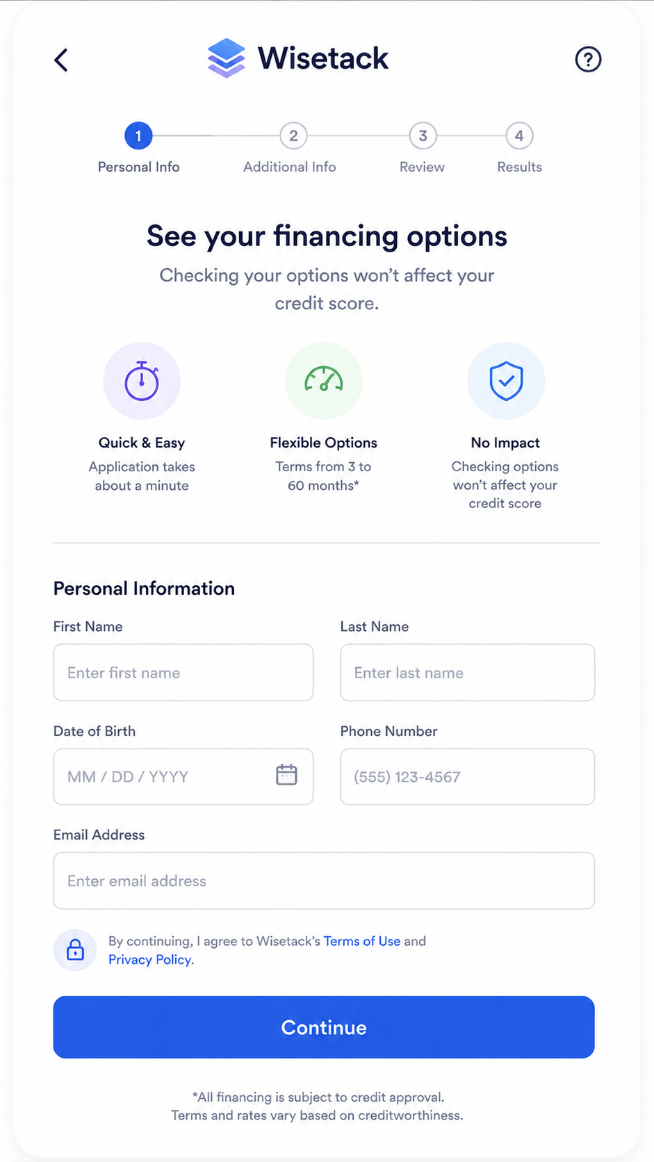 Wisetack financing options on a phone