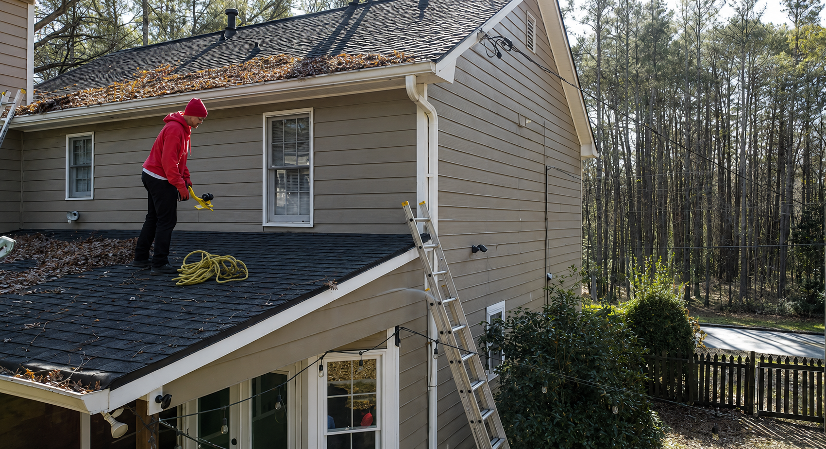 Shelter Guard technician cleaning a gutter in Metro Atlanta