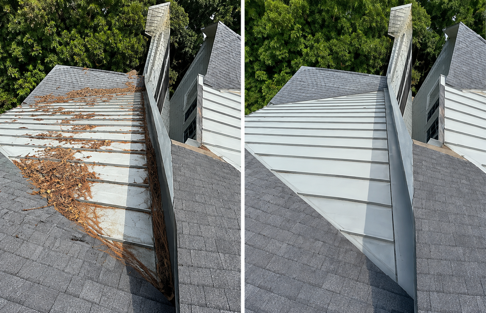 Roof valley gutter before and after, real Shelter Guard job
