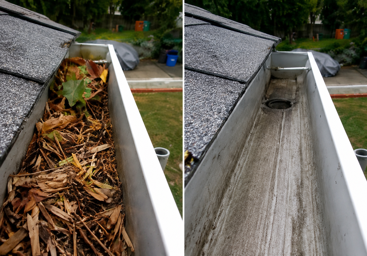 Gutter trough before and after a Shelter Guard cleaning