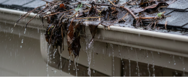 Rain overflowing a clogged gutter