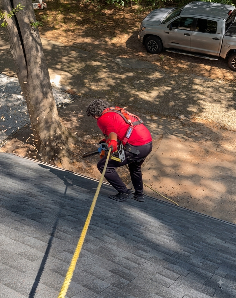 Shelter Guard technician anchored on a roofline