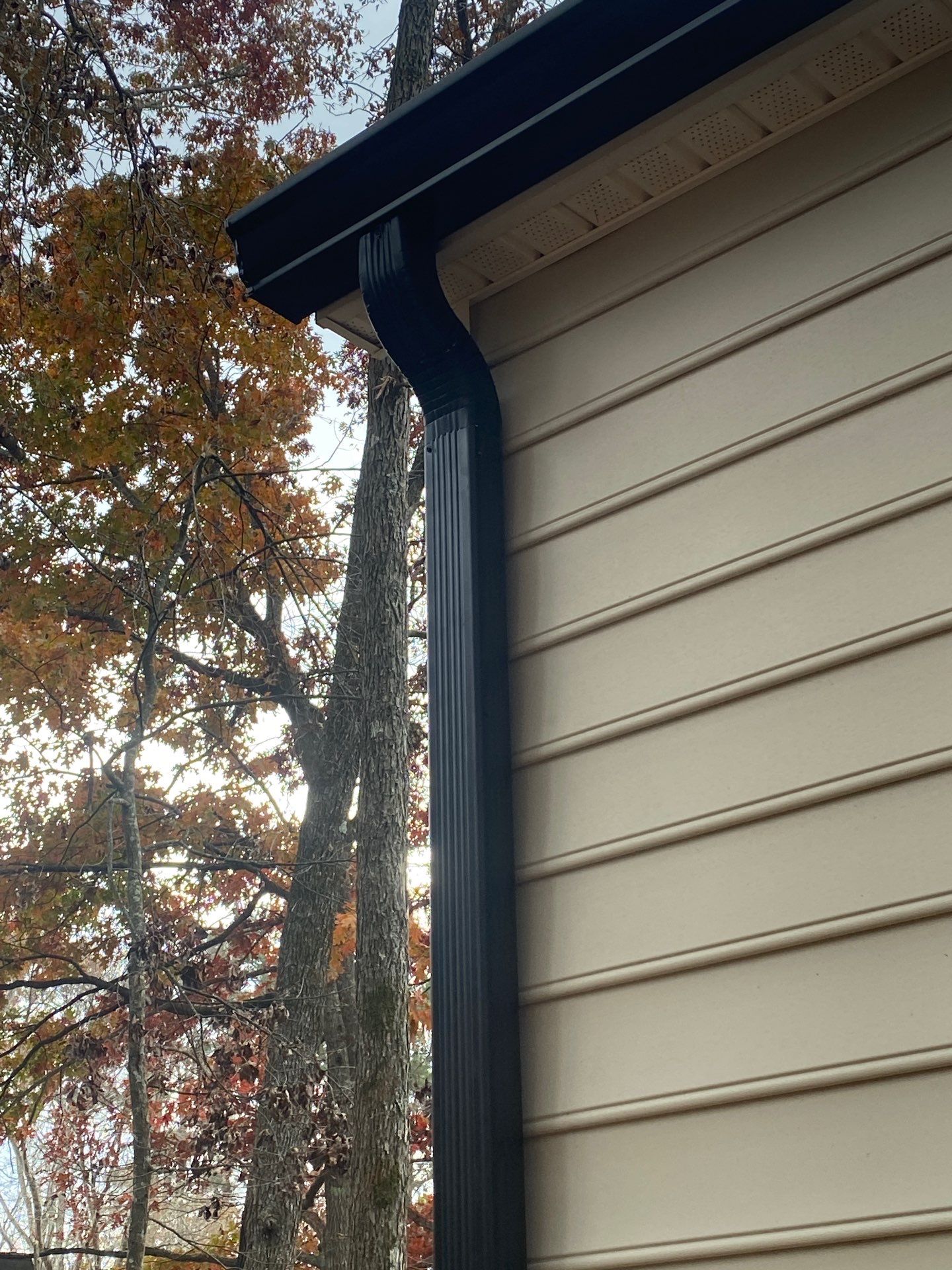 Gutter and downspout elbow at a roofline with fall oak leaves in the background