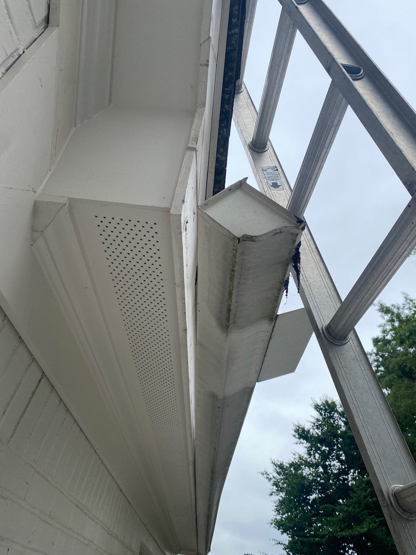 Gutter section pulling away from the fascia beside a ladder