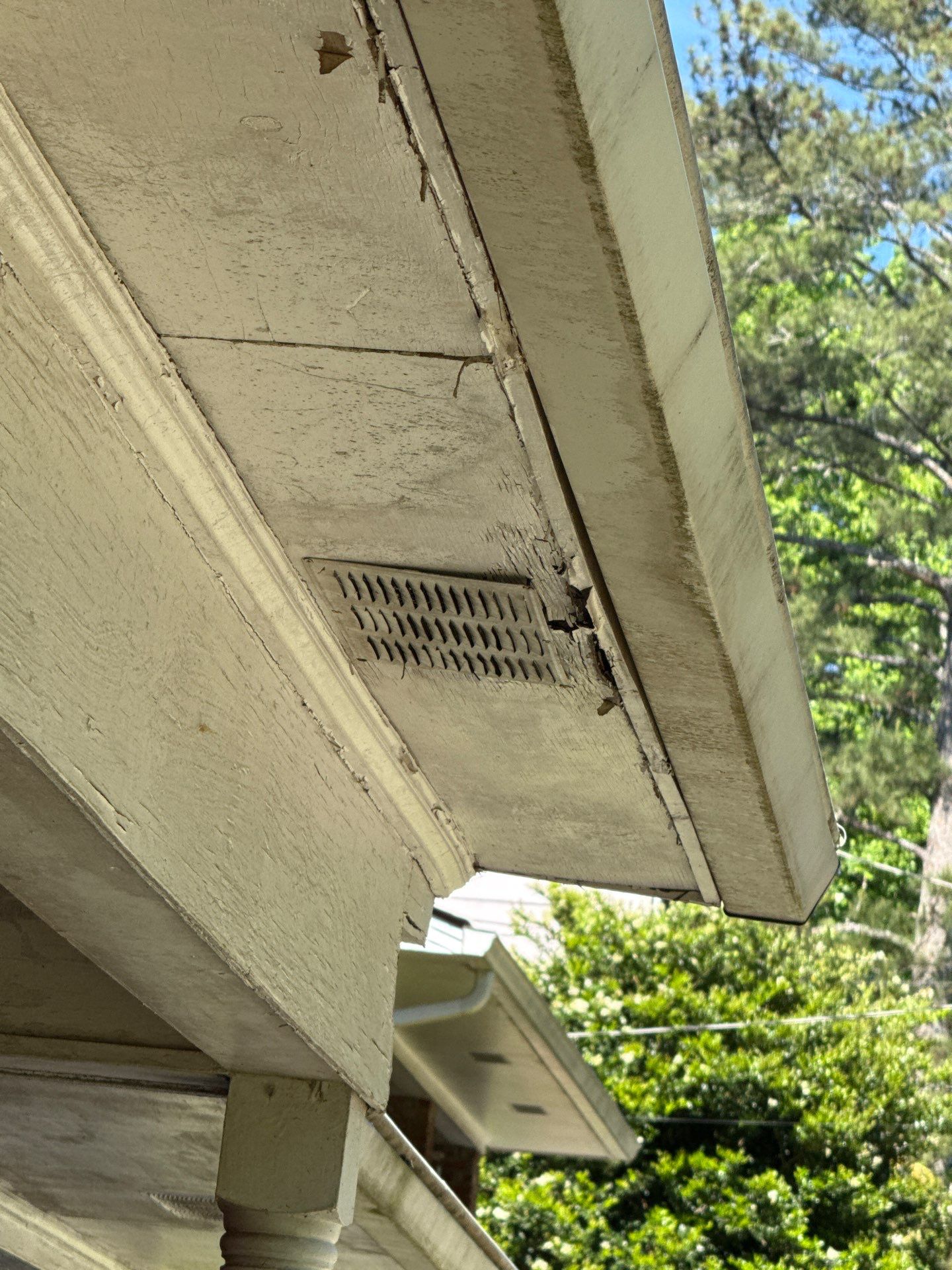 Soffit and porch roofline during a replacement visit