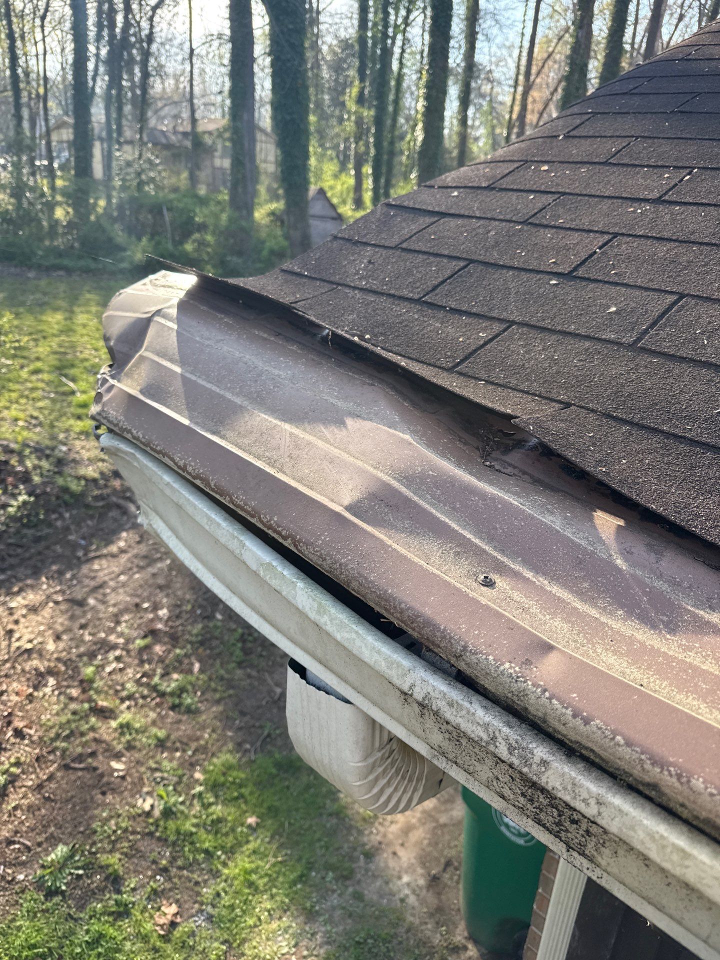 Gutter at the roof edge beside a wooded yard