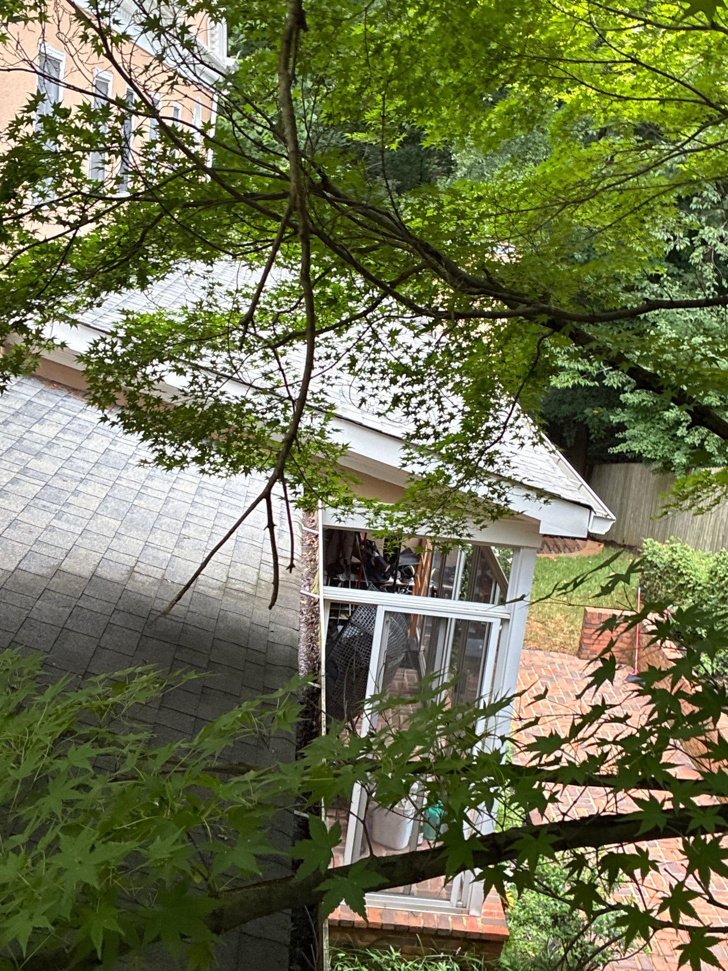 Aerial view of a roof buried in pine needle debris