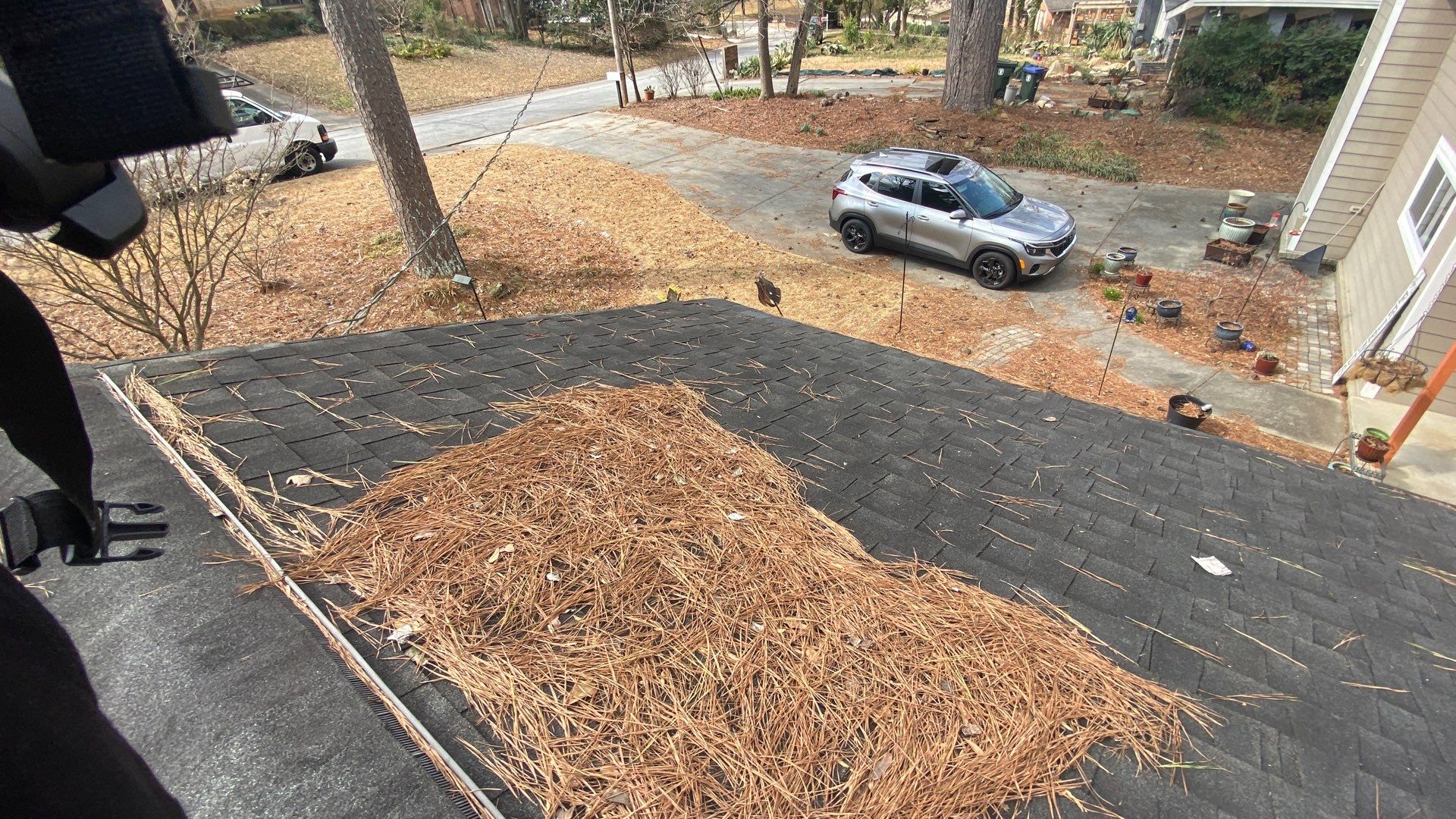Aerial view of the driveway and yard cleared of pine straw
