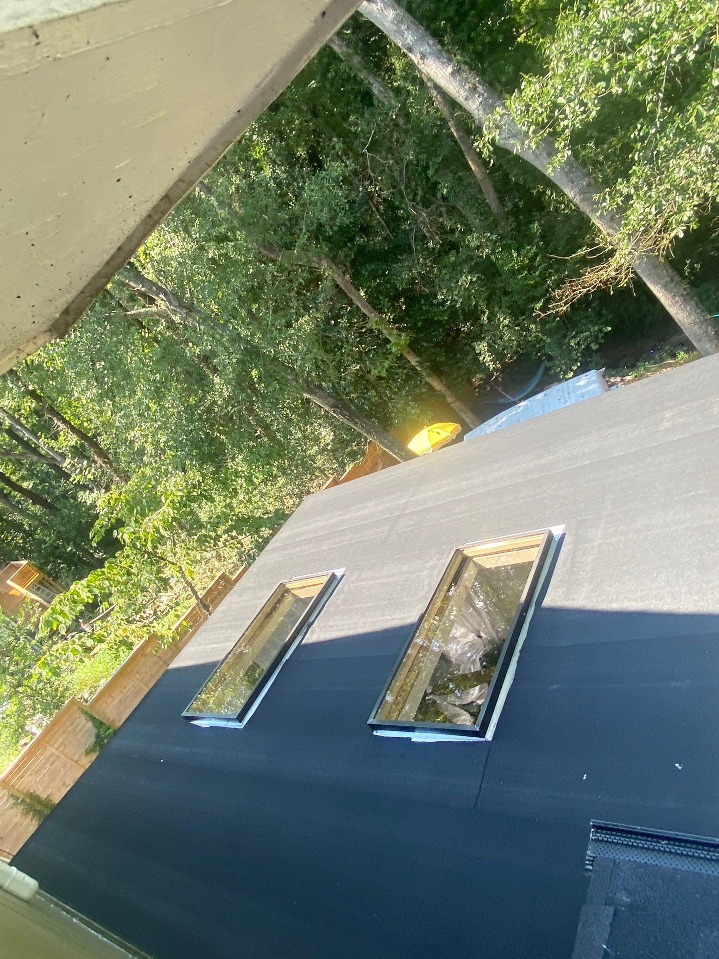 Roofline with two skylights surrounded by heavy tree cover