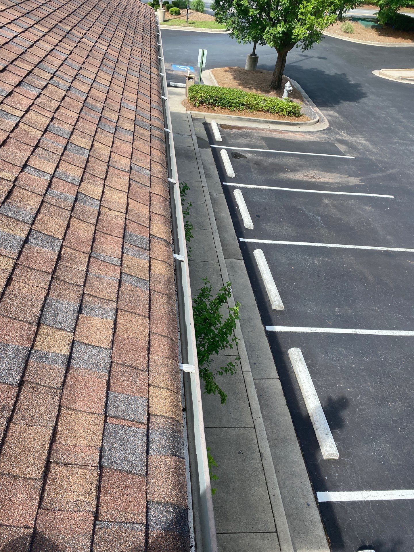 Commercial roofline and gutter run above a striped parking lot