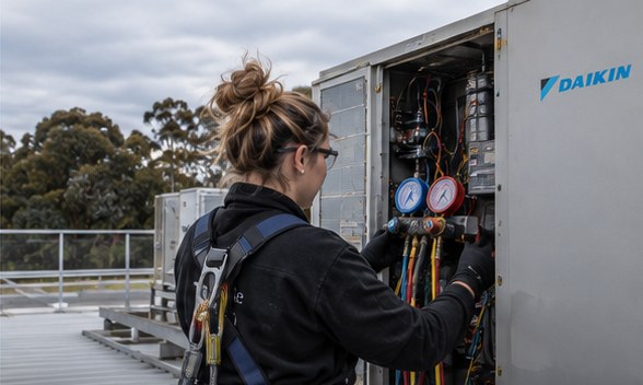 HVAC technician in a safety harness on a roof