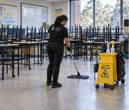 Cleaner mopping a classroom after hours