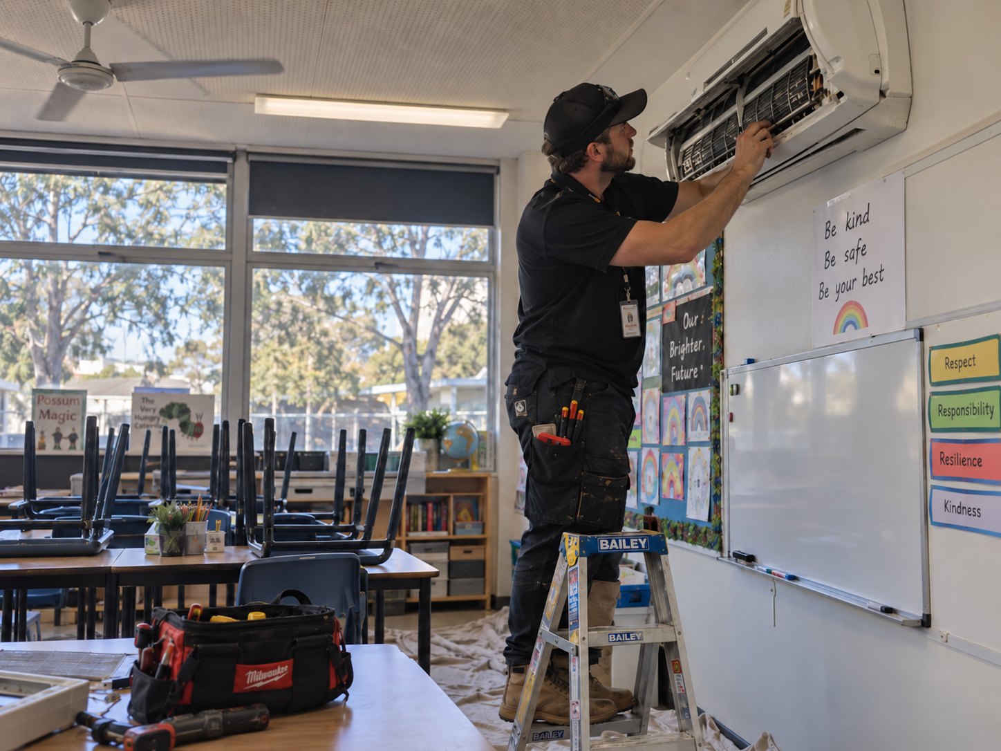 Technician servicing a split system air conditioner in an empty classroom after hours