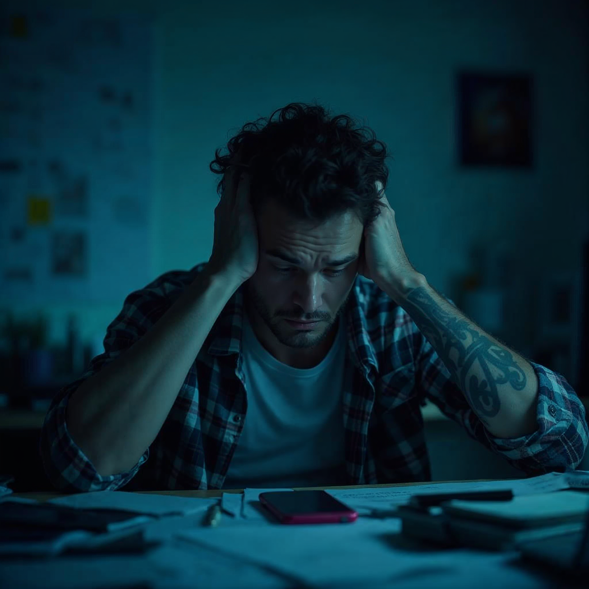 Young overwhelmed entrepreneur at cluttered desk late at night