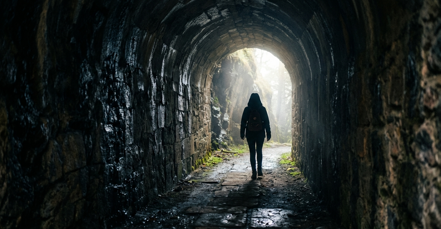 Woman standing inside the tunnel — the moment before recognition