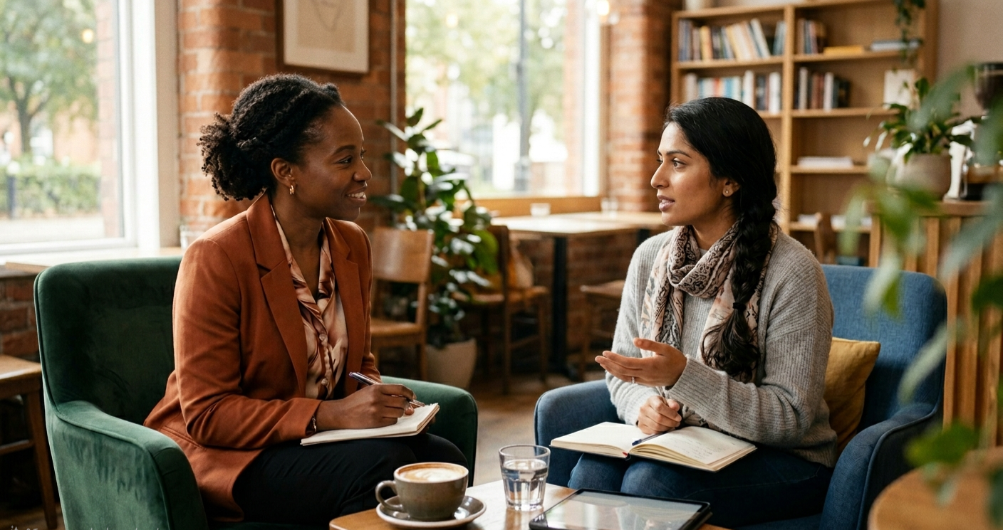 Two women in conversation, the transition from therapy to coaching, Mindset + Mastery UK