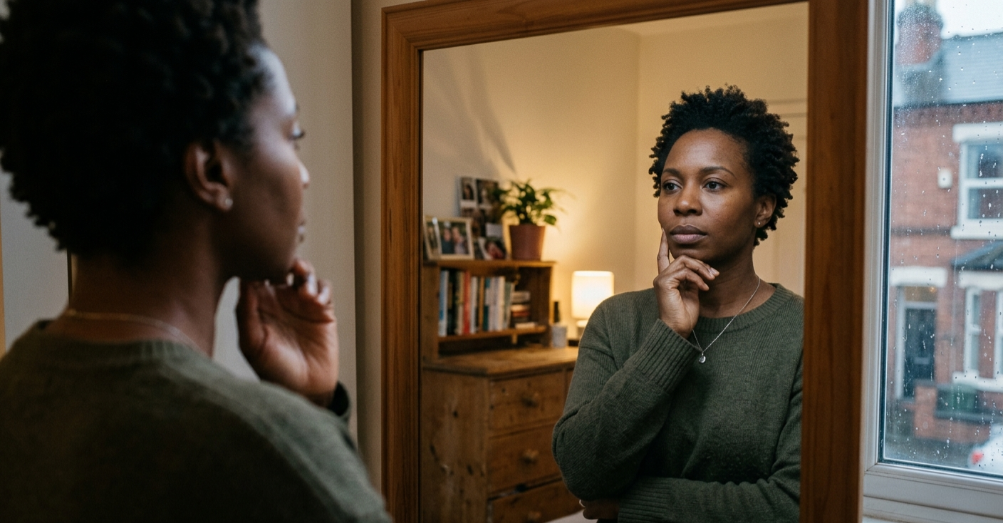 A woman looking at her reflection, identity reconstruction after trauma, Mindset + Mastery