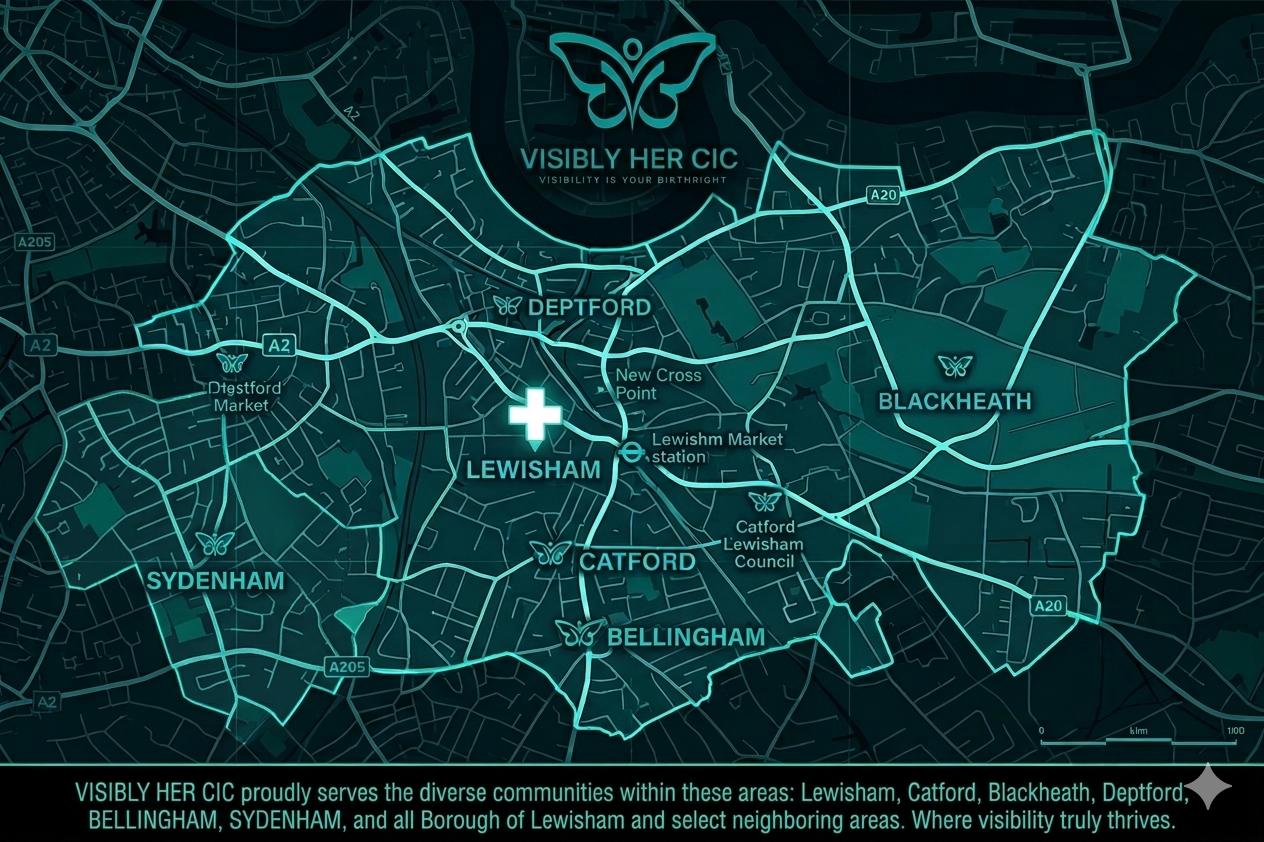 Map showing Visibly Her coverage areas across SE London