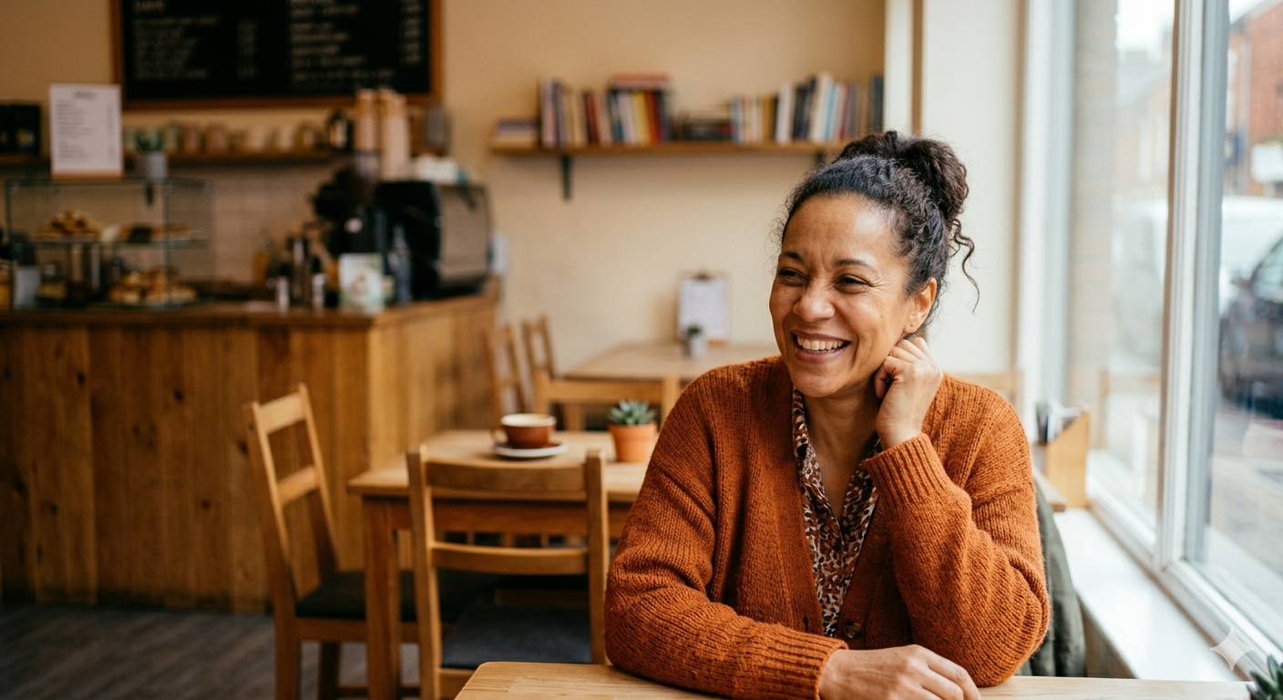 A woman smiling, ready to connect with Visibly Her