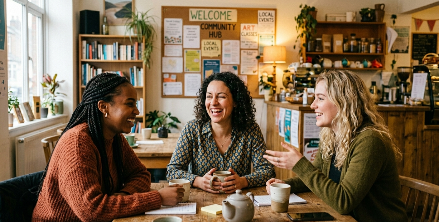 Women in a circle at the Visibly Her community hub, laughing together