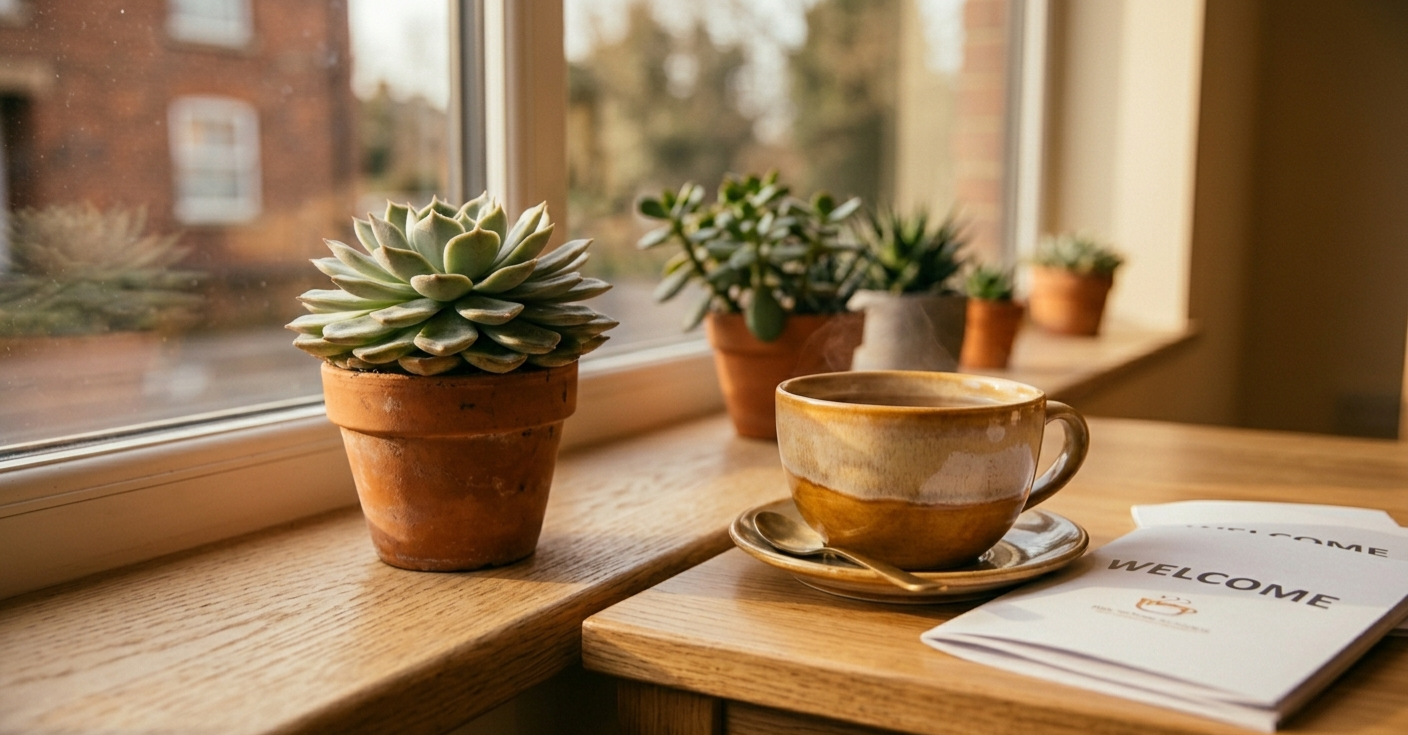 A warm cup on a windowsill with plants, the feeling of the Visibly Her space