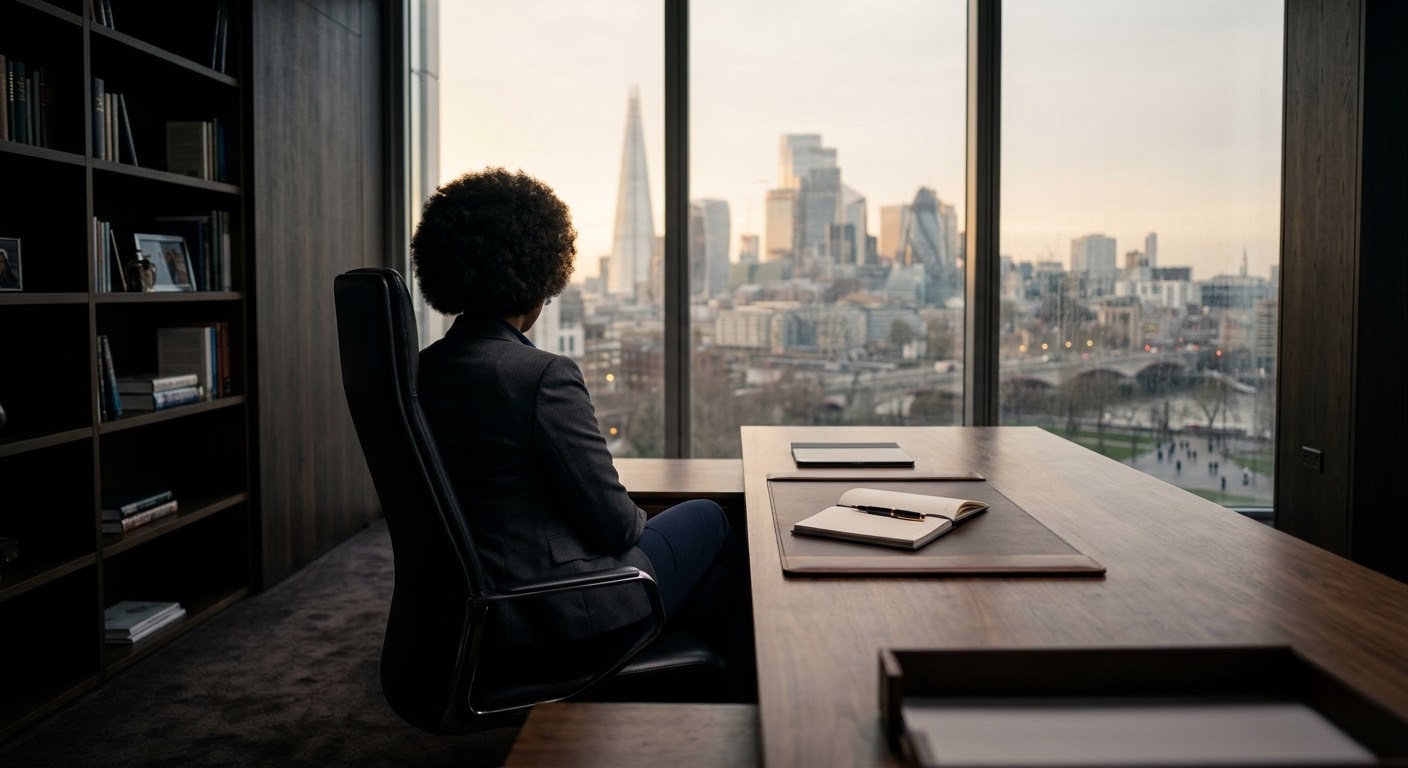 Professional woman at her desk looking out the window — high functioning survivor