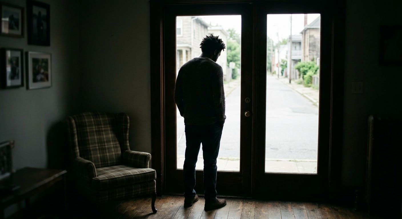 Man standing alone at a window — trauma recovery for men