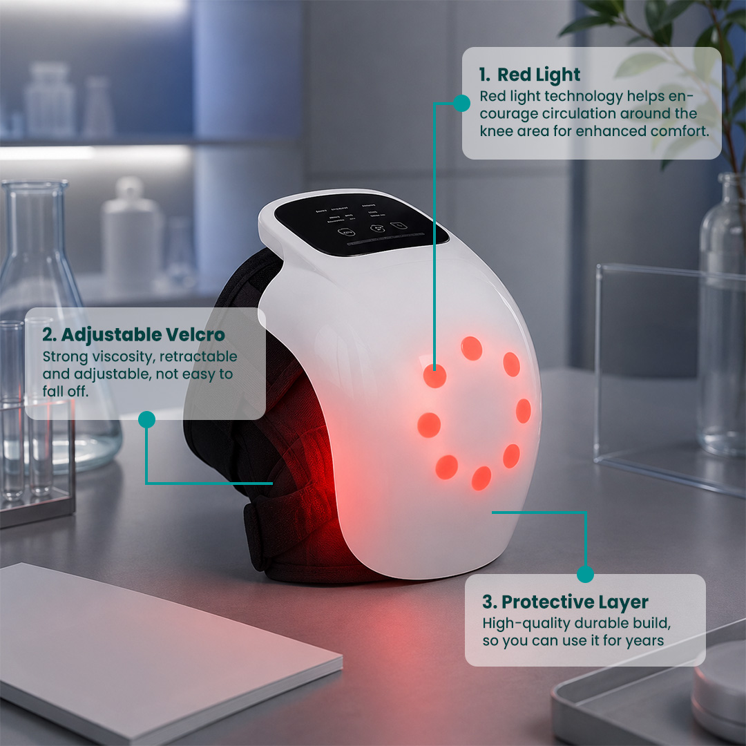 LifeGauge Knee Massager feature diagram — Red Light, Adjustable Velcro, Protective Layer