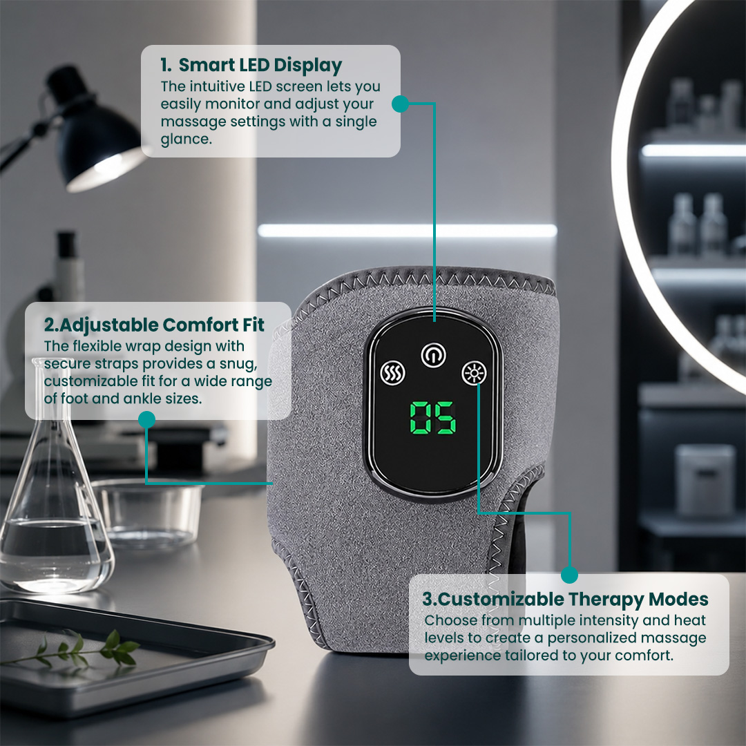 LifeGauge NeuroFoot Massager feature diagram — Adjustable Fit, Rechargeable Battery, Durable Build, Travel-Ready
