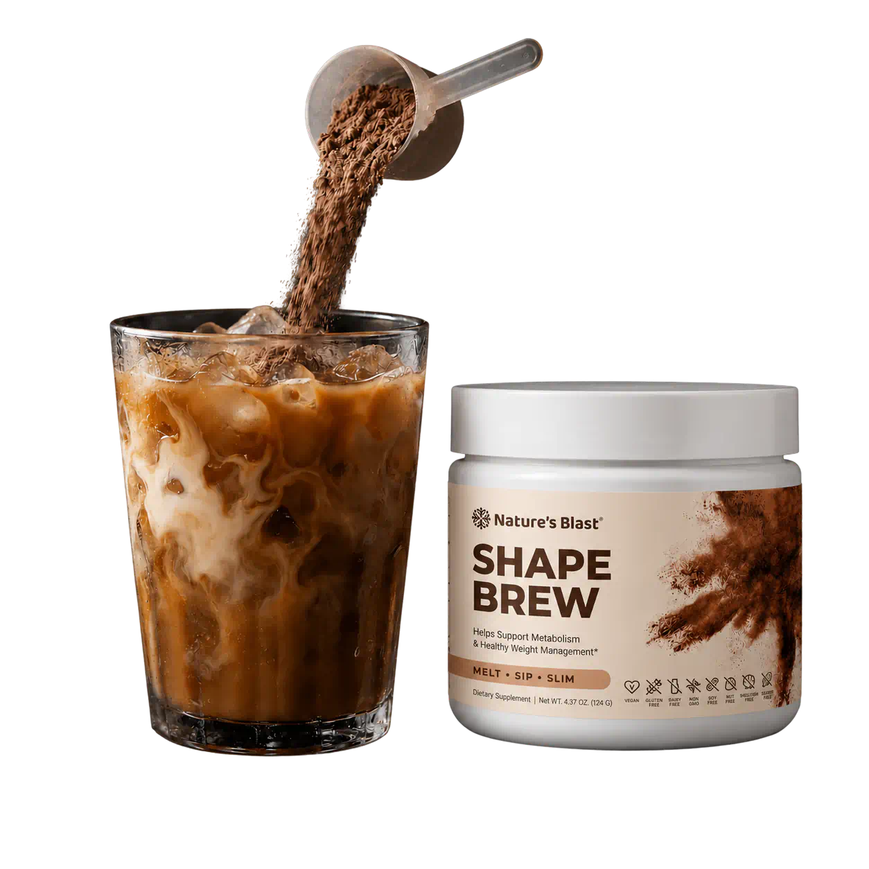 Glass of iced coffee with scoop mid-pour beside the Shape Brew jar