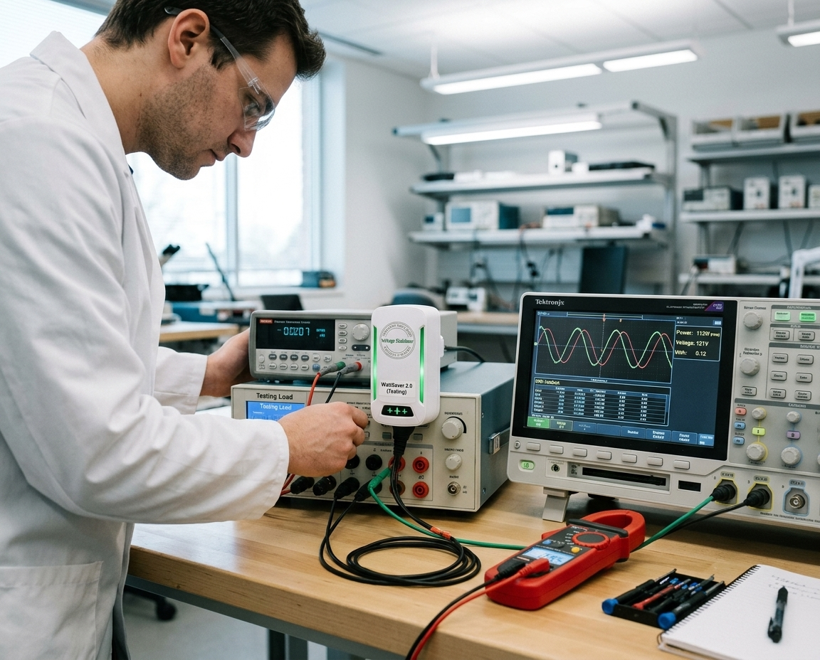 Technician measuring a WattSaver unit on an oscilloscope in an energy testing lab